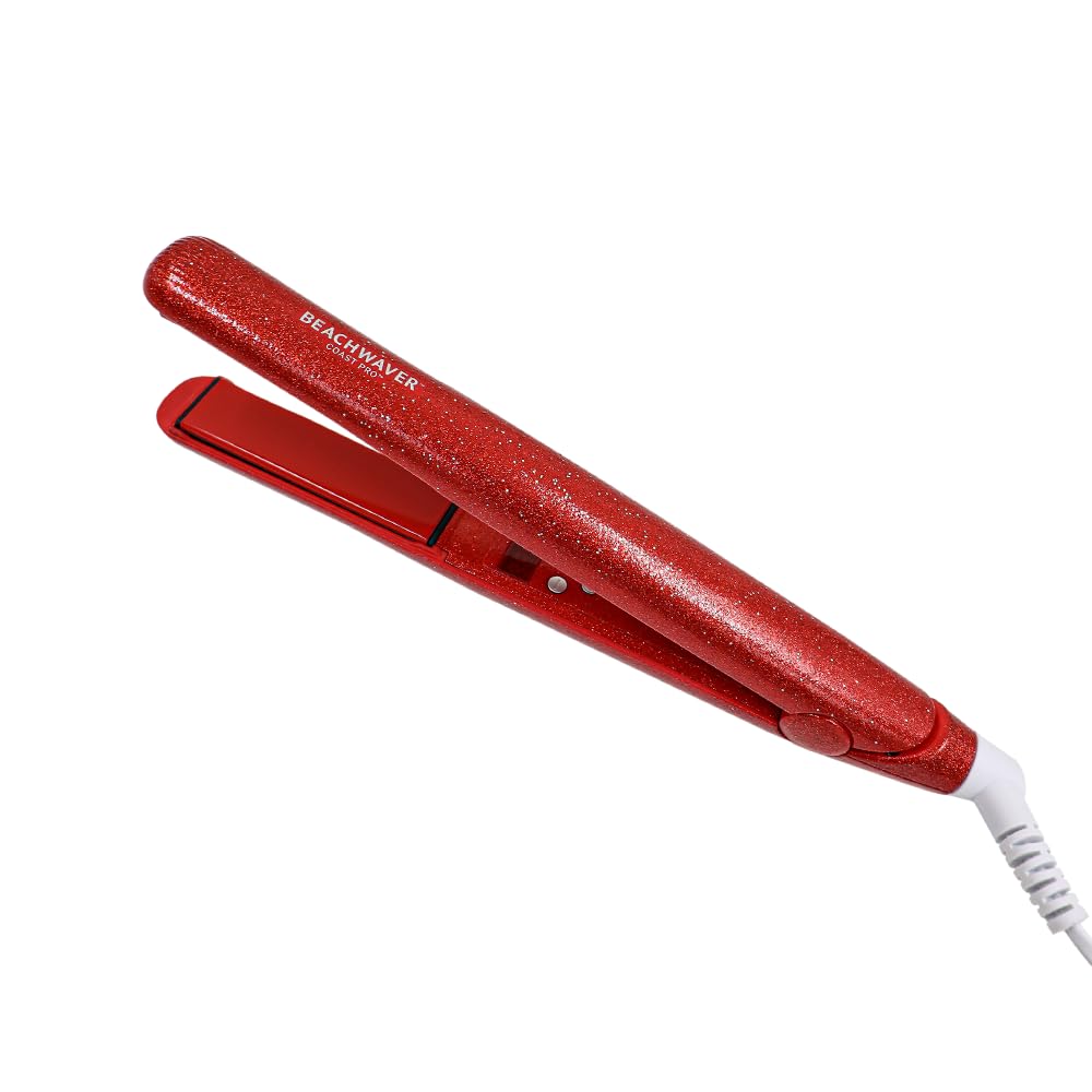 White Smoke The Beachwaver Co. Coast Pro Ceramic Flat Iron - Red Glitter | 1-Inch Ceramic Plates for Fast Styling & Frizz Reduction, Auto Shut-Off | Professional Hair Straightener for All Hair Types | BWFLREDG