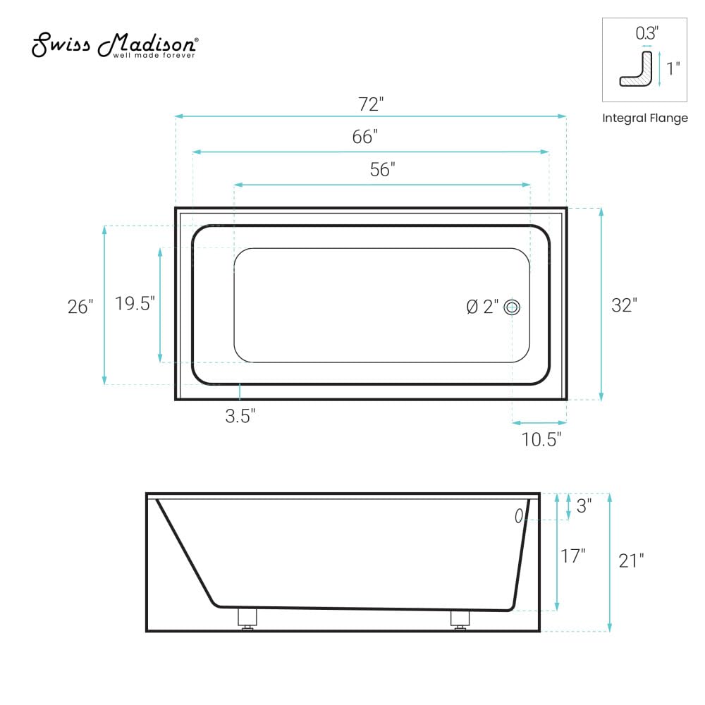White Smoke Swiss Madison Voltaire 72 x 32 Skirted Right Drain Soaking Alcove Bathtub in Glossy White, Drain Included