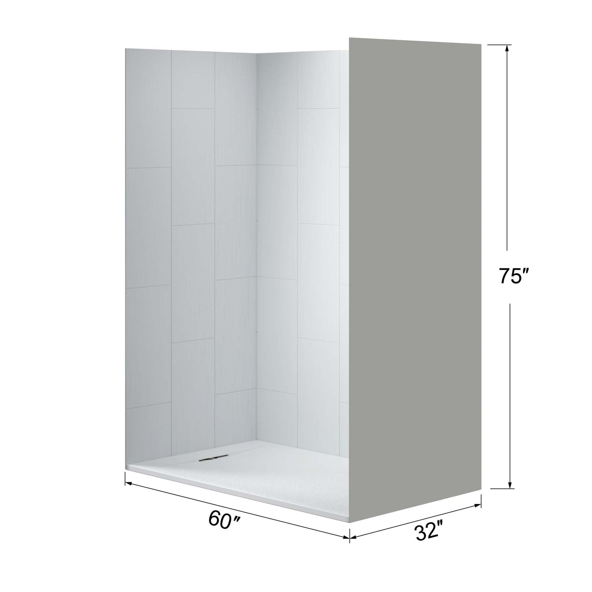 Dark Gray WOODBRIDGE 60 in. L x 36 in. W x 75 in. H Alcove Solid Surface Shower Combo Kits with Glue Up Shower Walls in Matte White and Curbless Shower Base with Reversible Drain in White