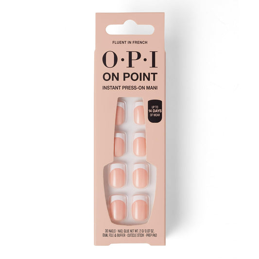 Wheat OPI On Point Fluent in French | Short Squoval Nude Pink & White French Tip Press On Nails | 30 Count with Nail Glue | Long Lasting, Reusable, Non-damaging