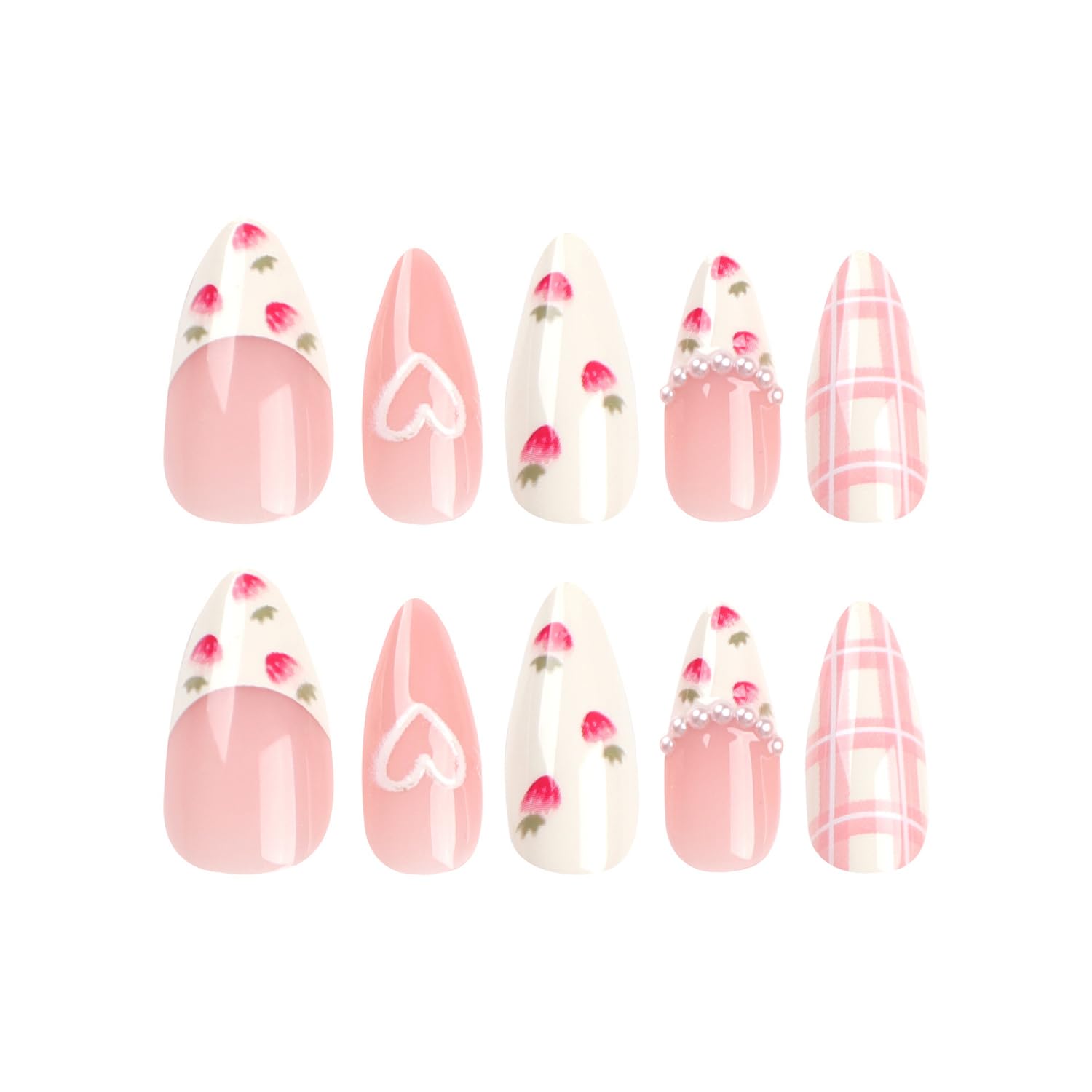White Smoke Press On Alcove - Cute Strawberry 3D Love Heart & Pearl Design False Nails: Medium Almond, Artificial Acrylic, Full Coverage, Reusable Coffin, Glue On Nails for Women