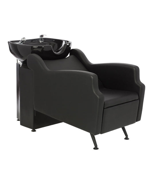 White Smoke Buy-Rite Oasis Shampoo Backwash Station for Salons - All-Black Chair & Extra-Large Bowl Combo, Single Lever Hot/Cold Faucet, Lumbar Support, Vacuum Breaker, 56"x20"x33.5", TS-8076-BLK