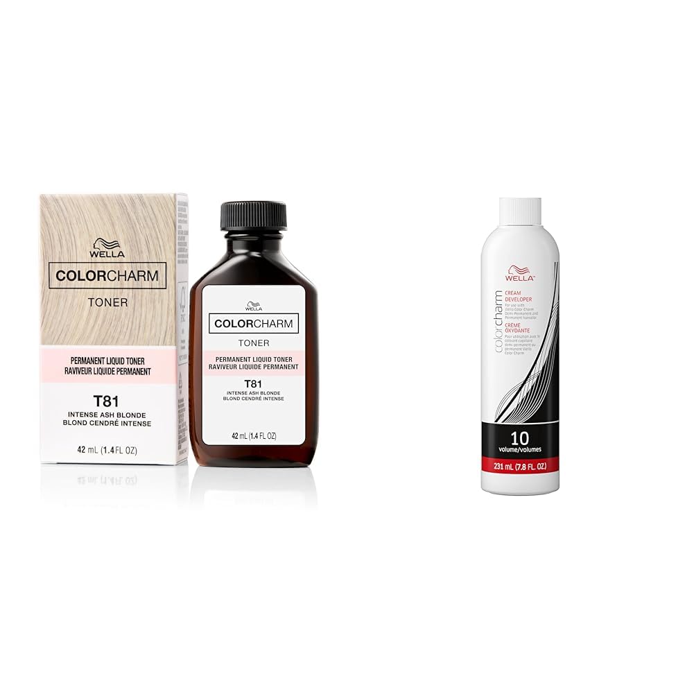 White Smoke Bundle of WELLA colorcharm Permanent Liquid Toners, Neutralize Brass, Free of Parabens, Vegan, T81 Intense Ash Blonde + 10 Vol Cream Developer Bundle
