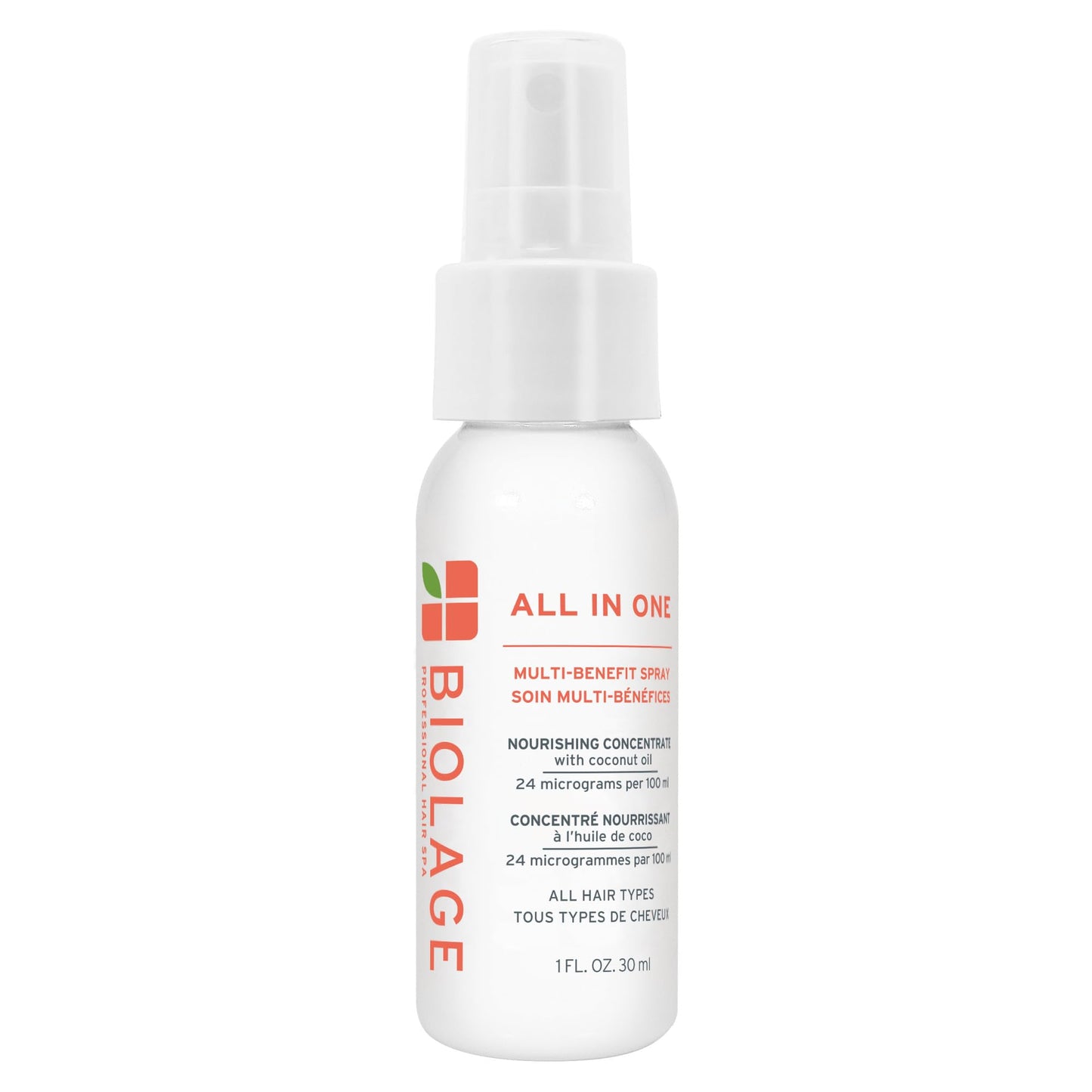 White Smoke Biolage All-In-One Multi-Benefit Spray - Leave-In Treatment, Heat Protectant, Shine, Frizz Control, For All Hair Types, Coconut Oil, Vegan & Paraben-Free, 1 Fl Oz, Packaging may vary