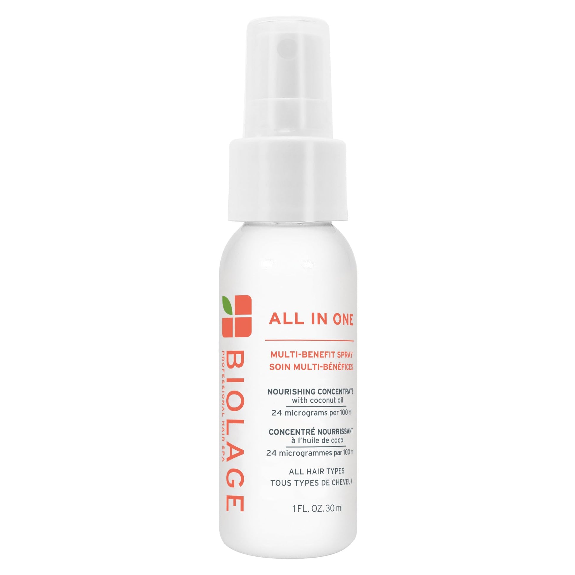 White Smoke Biolage All-In-One Multi-Benefit Spray - Leave-In Treatment, Heat Protectant, Shine, Frizz Control, For All Hair Types, Coconut Oil, Vegan & Paraben-Free, 1 Fl Oz, Packaging may vary