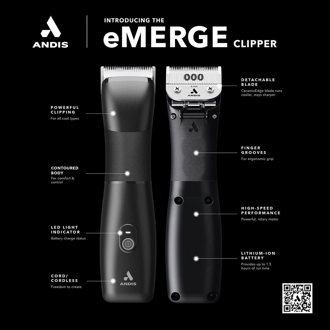 Black Andis Emerge Corded/Cordless Professional Rechargeable Detachable Blade Hair Clipper, Lithium-Ion Powerful Battery, High Power Motor, Contoured Grip, 561340, Black