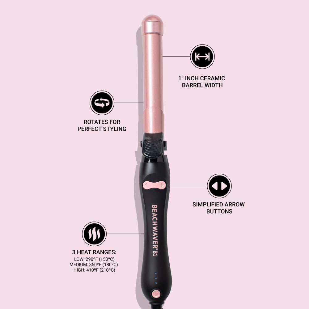 Misty Rose The Beachwaver Co. B1 Rotating Curling Iron - Automatic 1" Ceramic Curling Iron - Easy-to-Use Spinning Wand for Long-Lasting Waves, Auto-Shut Off, Travel-Friendly, Dual Voltage (BW160), Midnight Rose