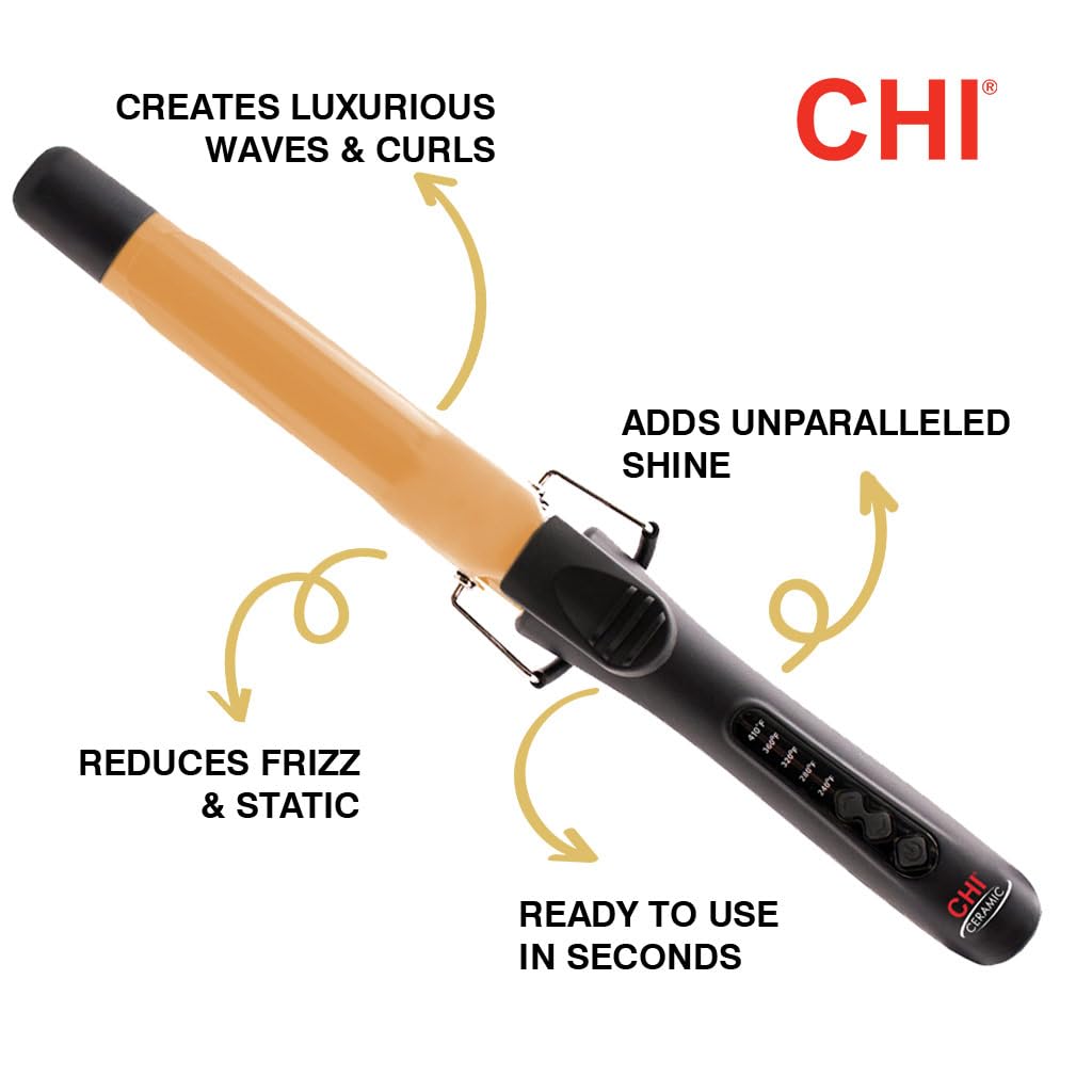 White Smoke CHI Tourmaline Ceramic Curling Iron, Adjustable Temperature, Professional Tourmaline Hair Curler with Auto Shut-Off for Smooth, Frizz-Free Curls & Waves, 1″ Barrel