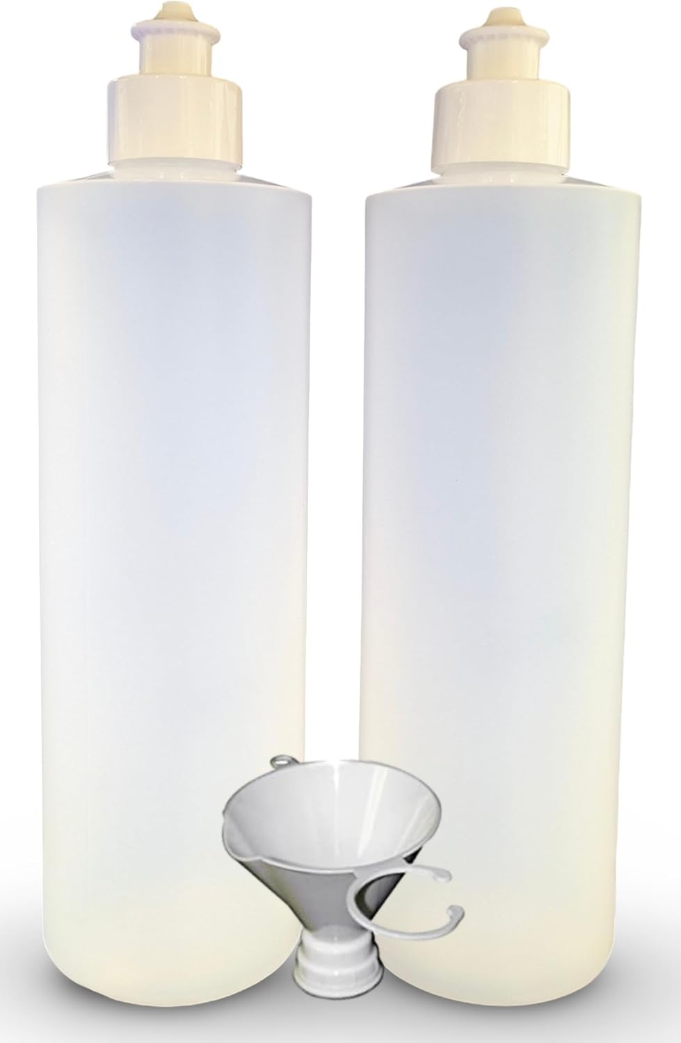 Lavender 2 Pack Refillable 16 Ounce HDPE Squeeze Bottles With Push/Pull Button Top Dispenser Caps-Great For Lotions, Shampoos, Conditioners and Massage Oils-Includes our patented thread-on funnel