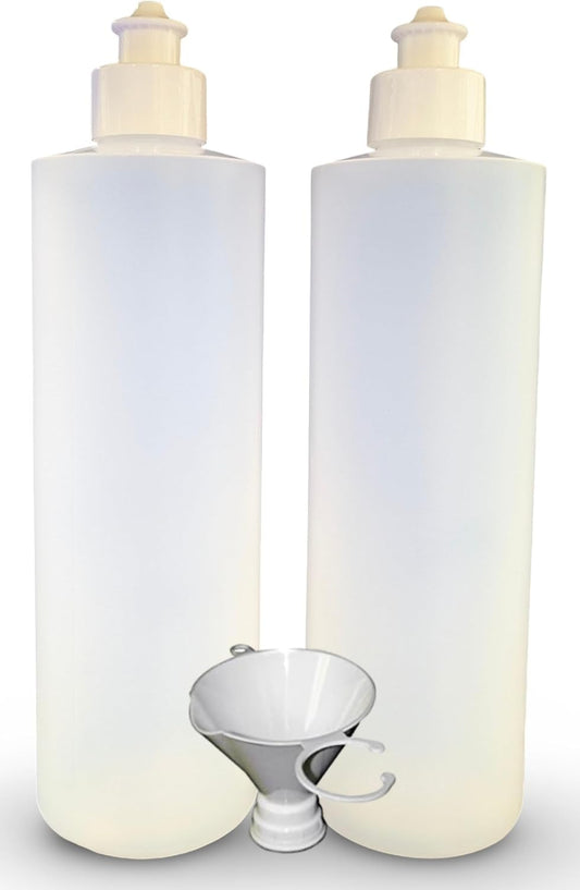 Lavender 2 Pack Refillable 16 Ounce HDPE Squeeze Bottles With Push/Pull Button Top Dispenser Caps-Great For Lotions, Shampoos, Conditioners and Massage Oils-Includes our patented thread-on funnel