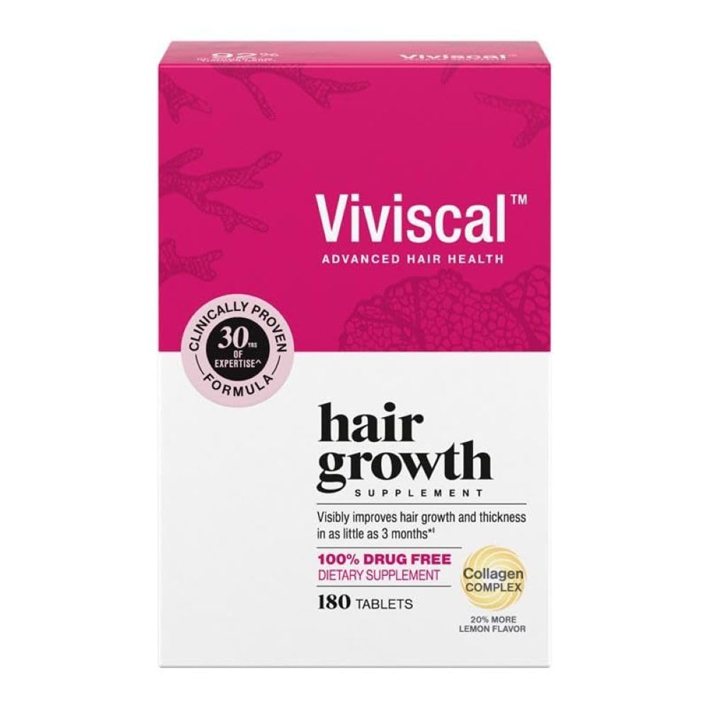 Medium Violet Red Viviscal Hair Growth Supplements for Women, Thicker Fuller Hair Support for Thinning Hair and Hair Loss, with Biotin and Marine Collagen, Drug-Free, 180 Tablets, 90-Day Supply
