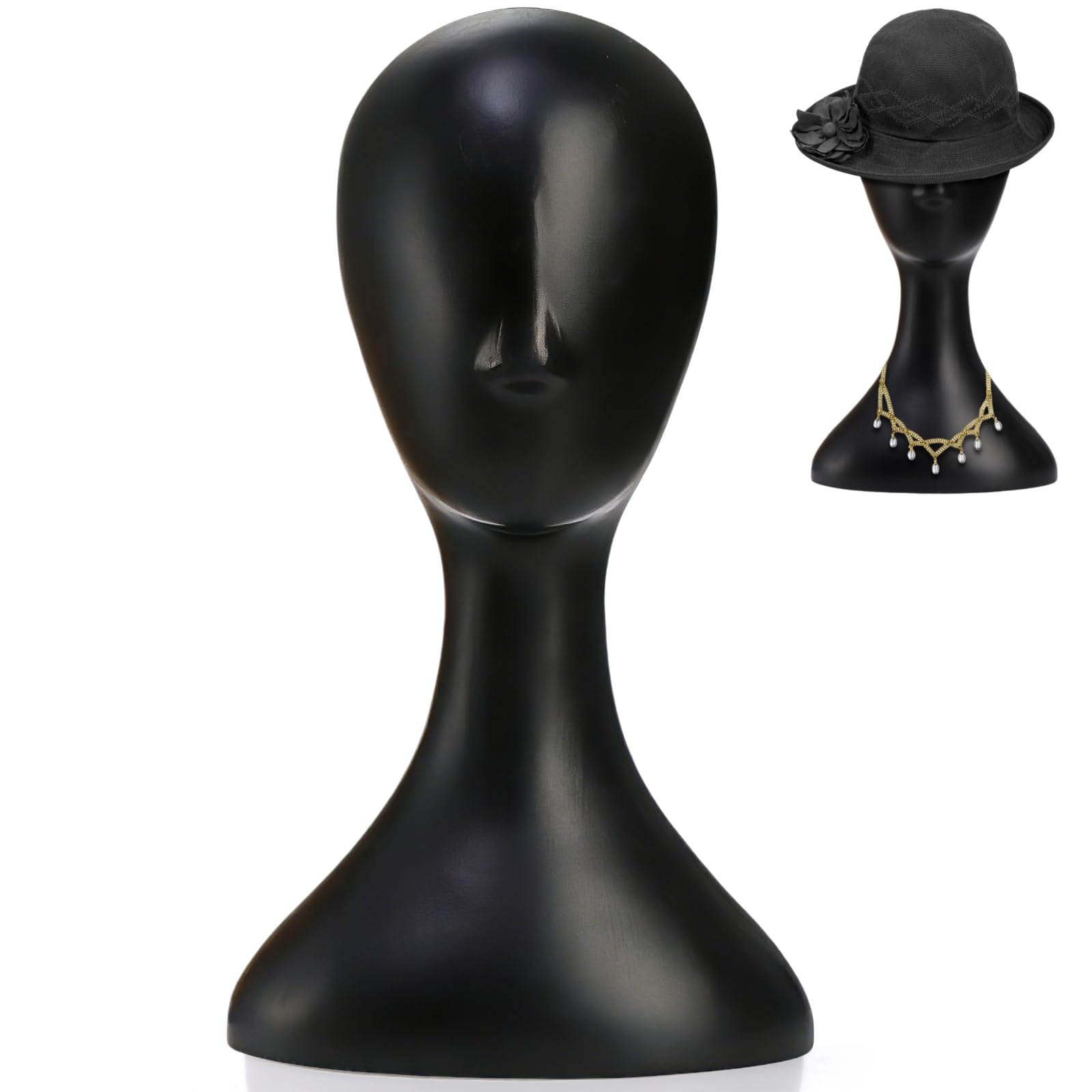 White Smoke Acshio Professional Plastic Mannequin Head, 16 Inch Model Wig Head Stand with Neck for Women Men, Styling Making Display Holder with Jack for Hat, Mask, Headdress, Necklace, Black