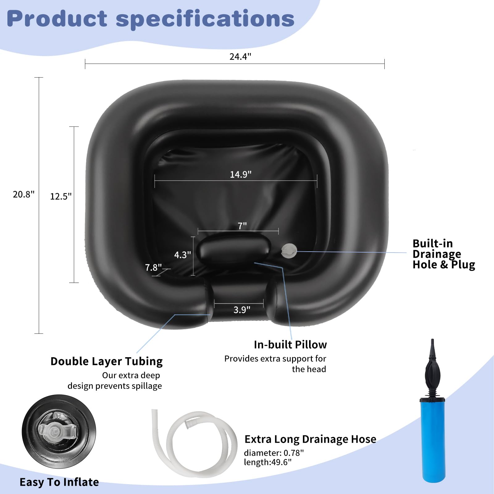 White Smoke Inflatable Shampoo Basin, Portable Shampoo Bowl with Neck Support and Drain Hose for bedridden People, Portable Shampoo Sink for The Elderly, Disabled, Pregnant Women, Injured People (Black)