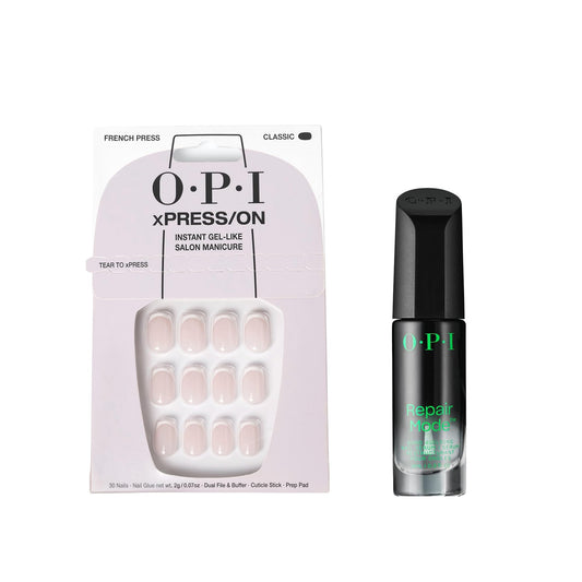 White Smoke Bundle of OPI xPress/ON Press On Nails, With Nail Glue, French Tip Nail Art, Short, French Press + OPI Repair Mode Bond Building Nail Serum, Clear, 0.3 fl oz