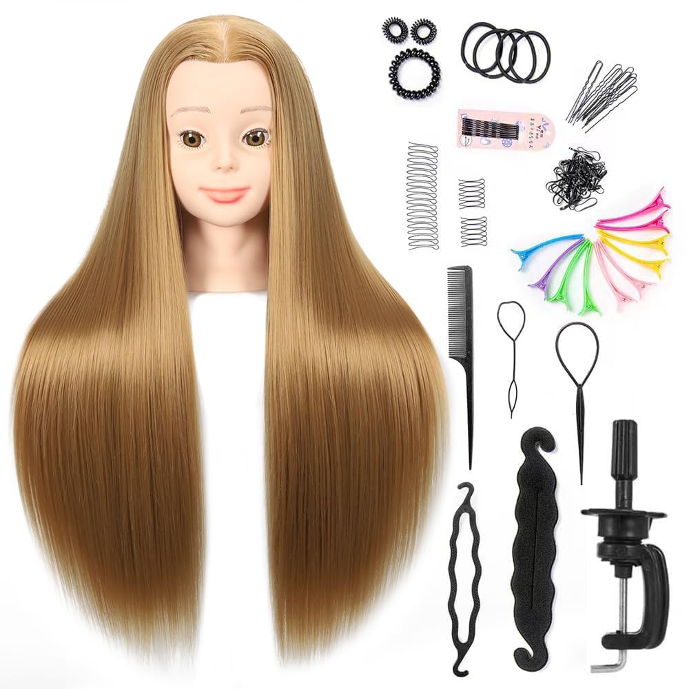White Smoke MORRIS Synthetic Fiber Mannequin Head with Clamp – 28" Training Styling Head for Beginners to Practice Braiding, Cutting, Updos – Ideal for Cosmetology Students（Blonde）