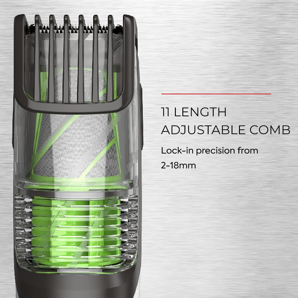 Gray Remington Vacuum Beard Trimmer,13 Length and Style Settings with Adjustable Length Comb (2-18mm),Vacuum Trimmer for Beard, Mustache, and Stubble, Rechargeable Lithium Power, Washable, Removable Blades