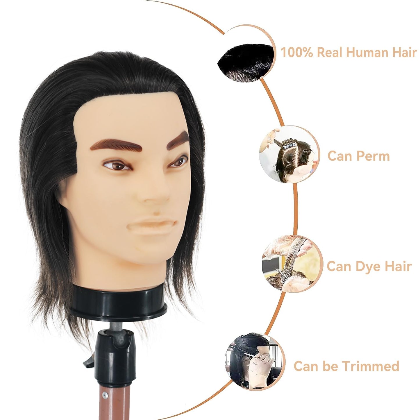 White Smoke Barber Mannequin Head - 12'' Practice Head with Human Hair, Clamp Stand for Hairdresser Cutting & Styling
