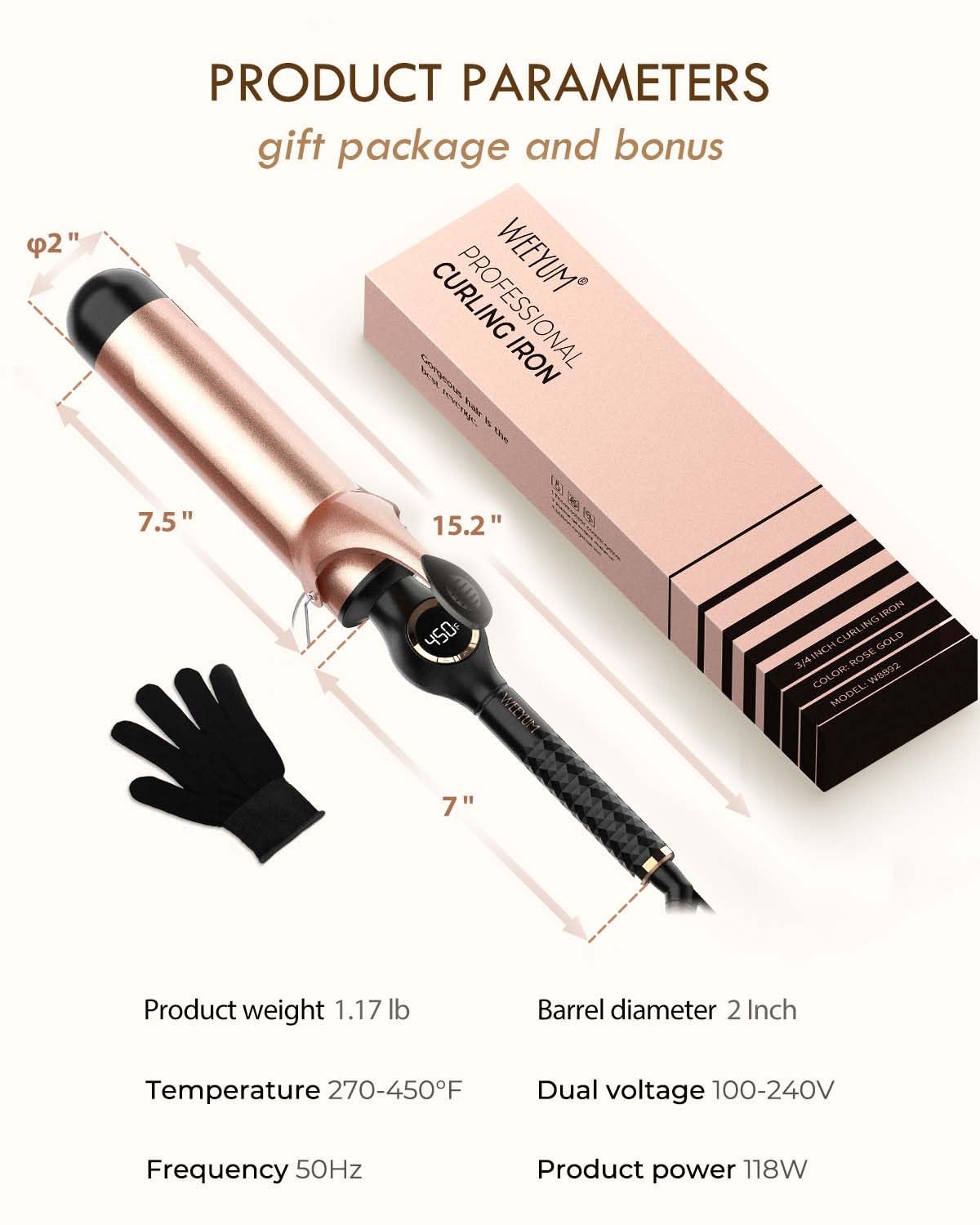 White Smoke Large Curling Iron 2 Inch, Ceramic Long Barrel Hair Curling Wand, Hair Styling Tool, Dual Voltage, LCD Display, Black