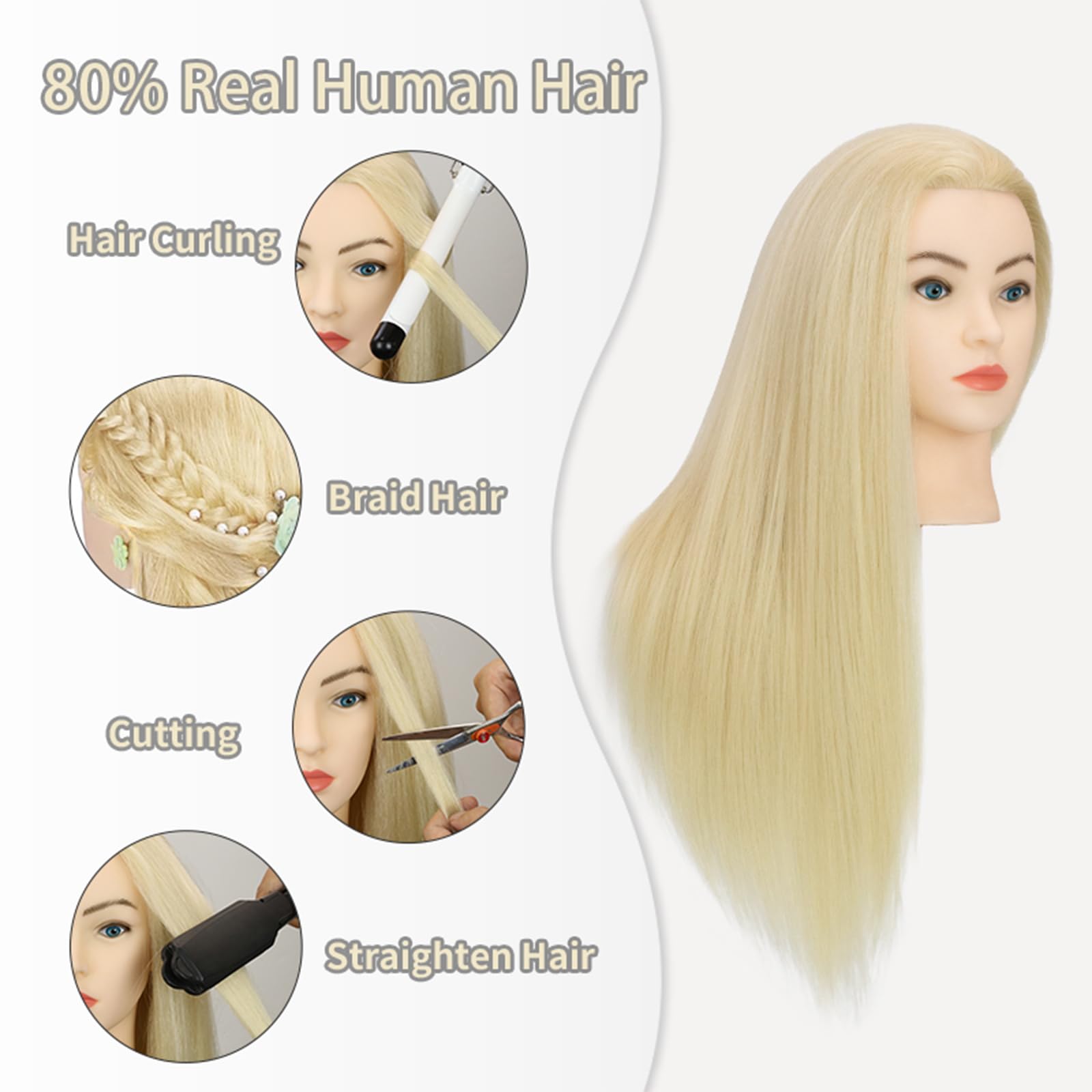 White Smoke Sirydtm 28" Mannequin Head with Human Hair Light Blonde 80% Real Hair Blue Eyes Styling Practice Mannequin Head Doll Head for Cosmetology & Hairdresser with Free Clamp Stand and Tools（613#）