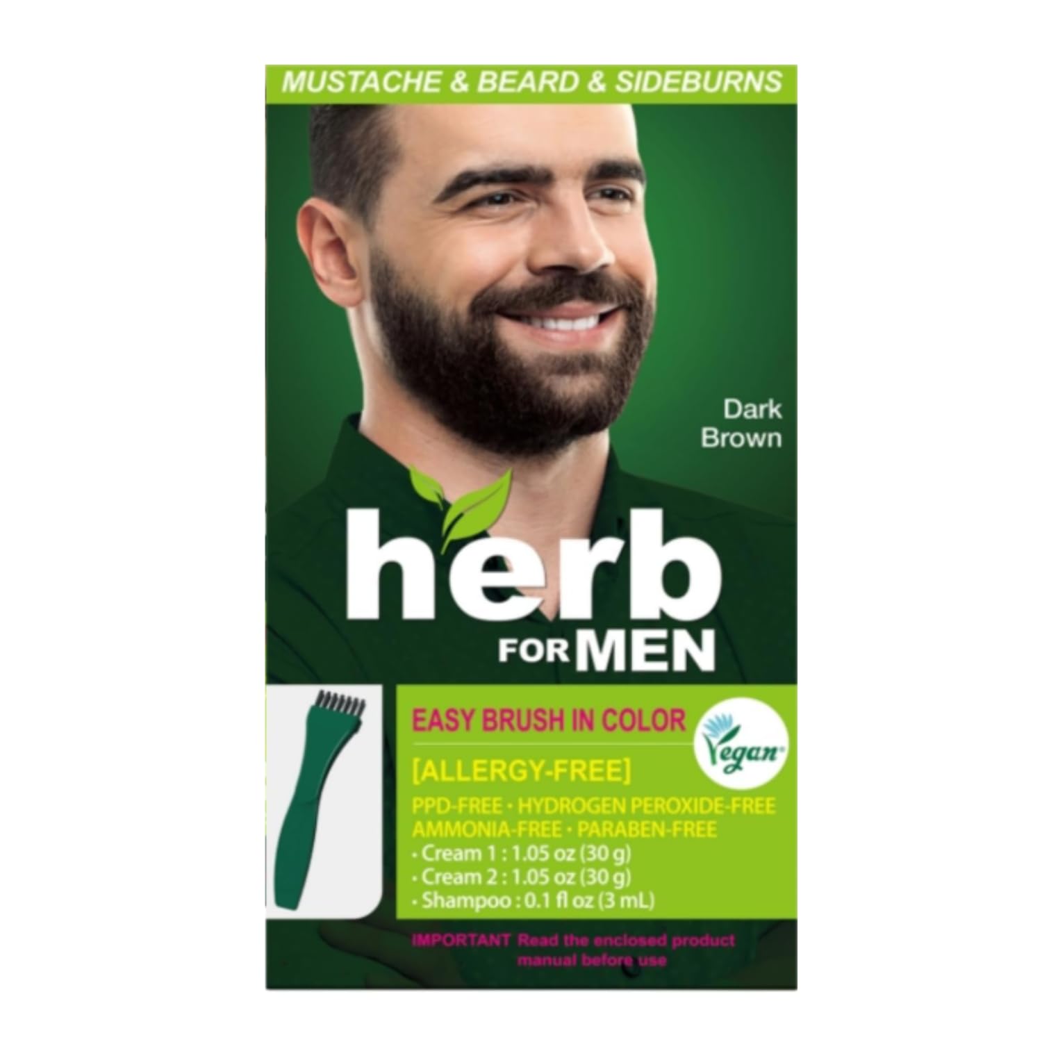 Dark Slate Gray Herb For Men Mustache & Beard Dye (Dark Brown, 1 Pack), PPD-Free Ammonia-Free, Vegan with Natural Ingredients, Gentle for Sensitive Skin, No Skin Irritation