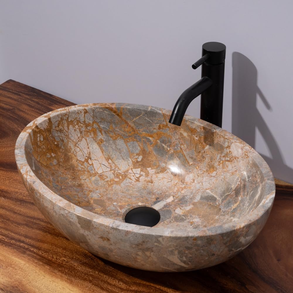 Dark Gray Oval-Shaped Golden - Gray Marble Vessel Sink for Bathroom – 19" × 15" × 6"