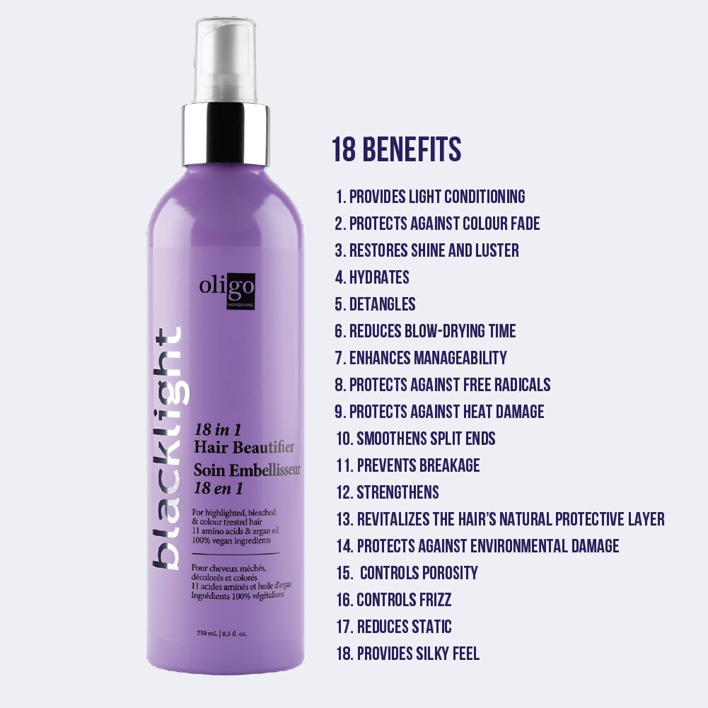 Lavender Oligo Professionnel - Blacklight 18-in-1 Hair Beautifier for blondes - Vegan - Paraben free - Anti Frizz - Heat Protectant Leave-in Conditioner - Argan Oil - Detangling Hydrating Spray - 8.5oz