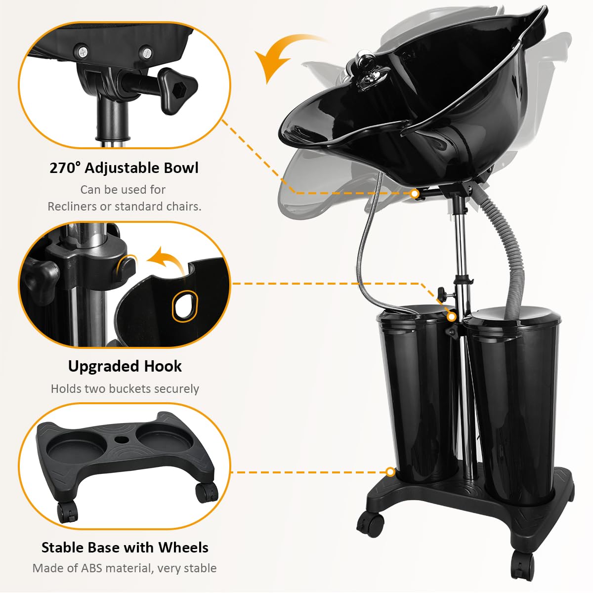 White Smoke johgee Portable Shampoo Bowl with Electric Pump, Plastic Shampoo Unit with 2 Bucket and Drain Hoses, Basin Height Adjustable Portable Salon Sink for Home Salon Use