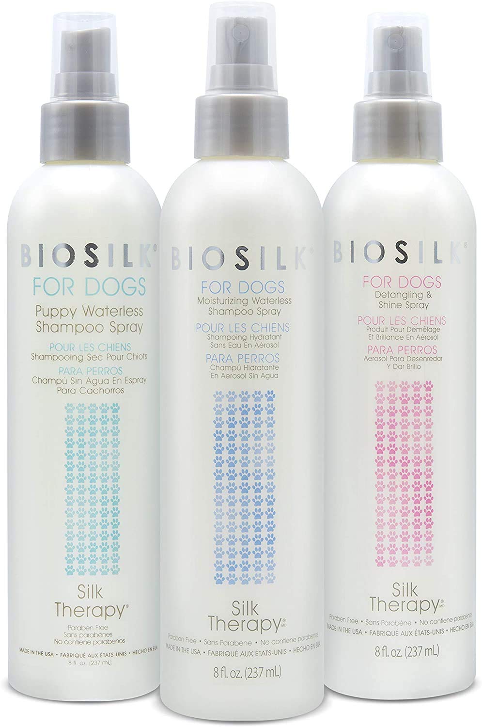 Light Gray BioSilk for Dogs Silk Therapy Deep Moisture Waterless Shampoo Spray, No Rinse Between-Bath Dog Grooming Spray, Sulfate and Paraben Free, pH Balanced, Made in USA, 8 Fl Oz - 2 Pack