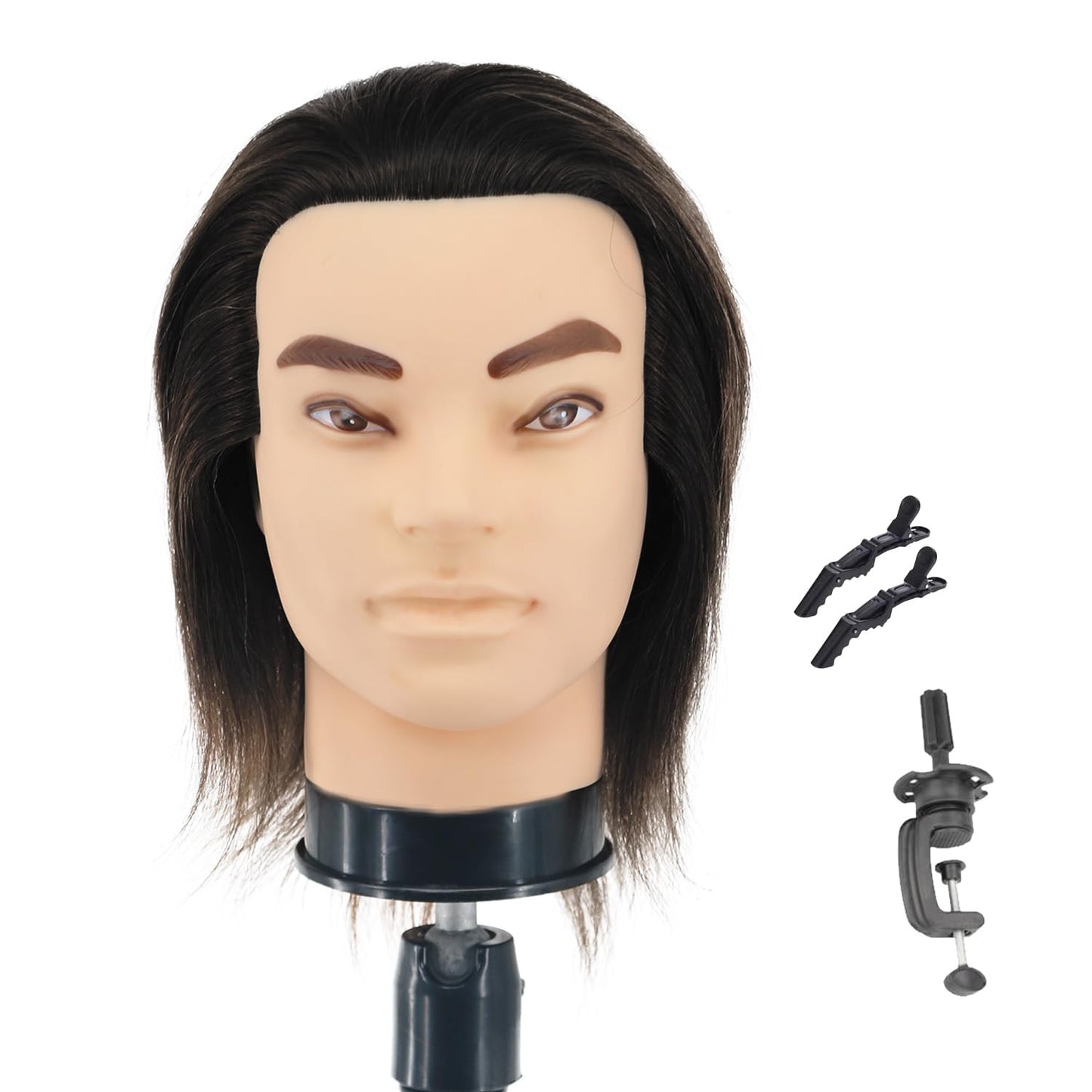 White Smoke Barber Mannequin Head - 12'' Practice Head with Human Hair, Clamp Stand for Hairdresser Cutting & Styling