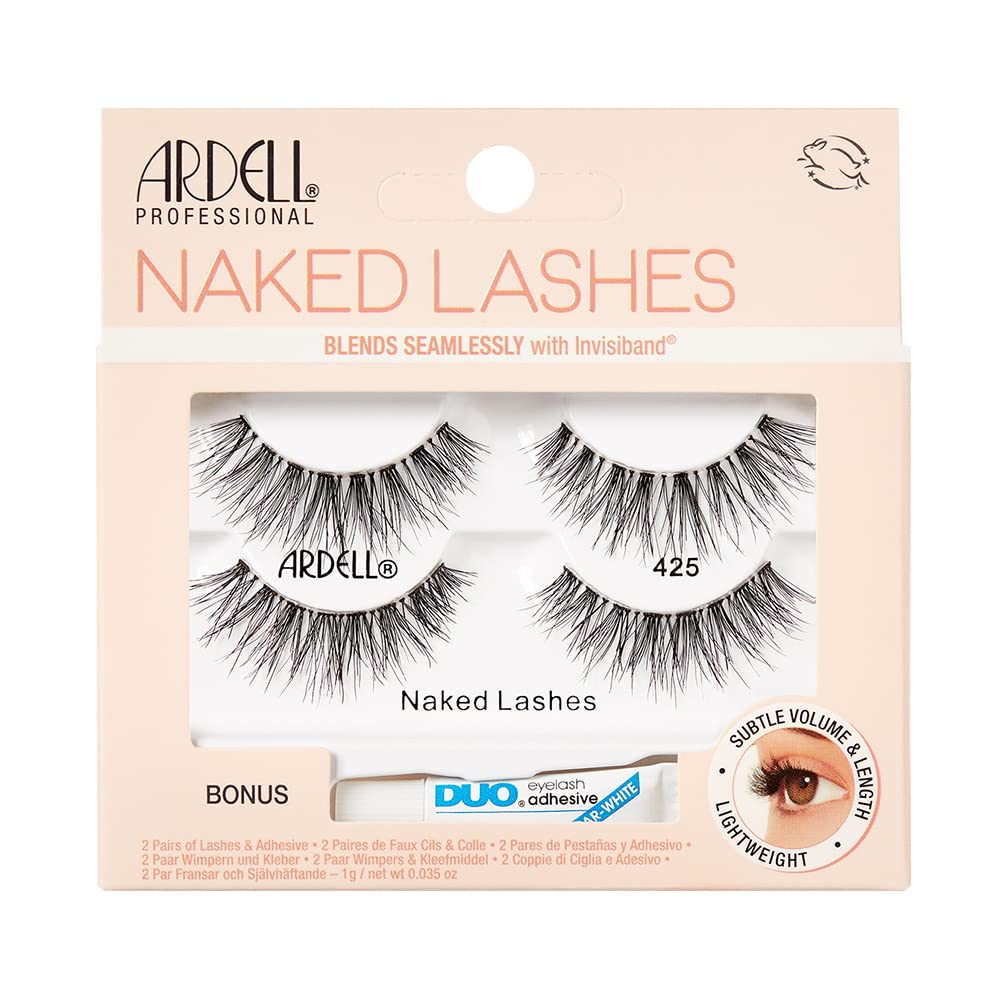 Antique White Ardell Naked Lashes 425, 2 Pairs, with 1g Duo Pipette Clear-White Adhesive, Subtle Volume & Length, 1 Set