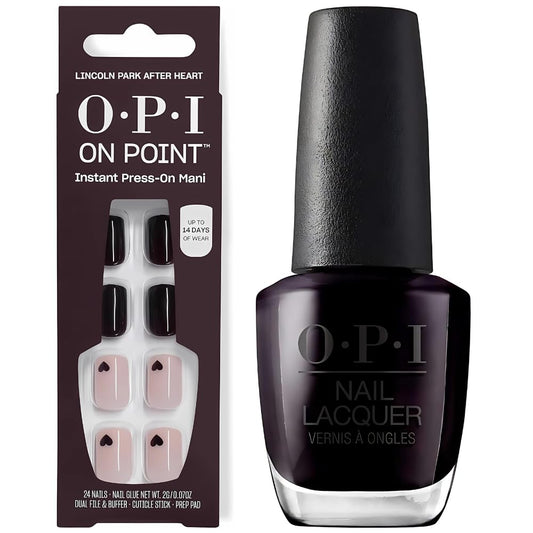 White Smoke OPI Nail Lacquer & On Point Press On Nails, Lincoln Park After Dark/Heart Bundle | Short Round Cool Purple with Hearts Press On Nail Art, 24 Count with Glue & Matching Iconic Nail Lacquer Polish Shade