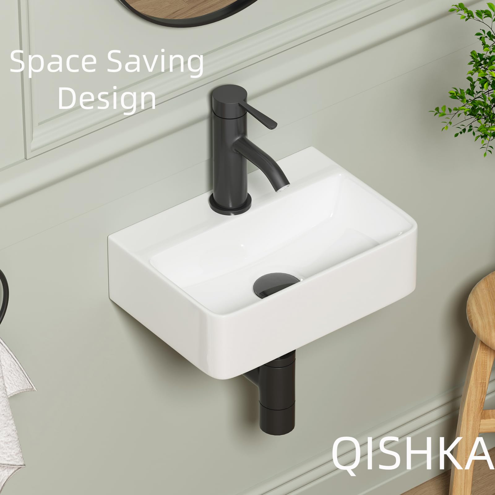 Dark Gray Wall Hung Bathroom Vessel Sink, QISHKA 14.5" X 10" Rectangular Floating Ceramic Wash Hand Basin White Wall Mount Vanity Sink for Small Bathroom and Small Cloakroom