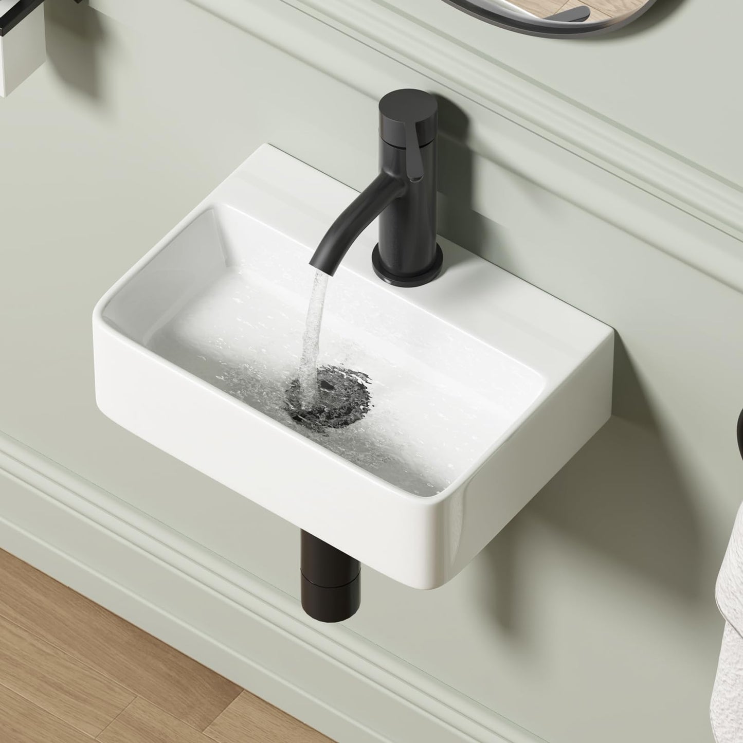 Gray Wall Hung Bathroom Vessel Sink, QISHKA 14.5" X 10" Rectangular Floating Ceramic Wash Hand Basin White Wall Mount Vanity Sink for Small Bathroom and Small Cloakroom