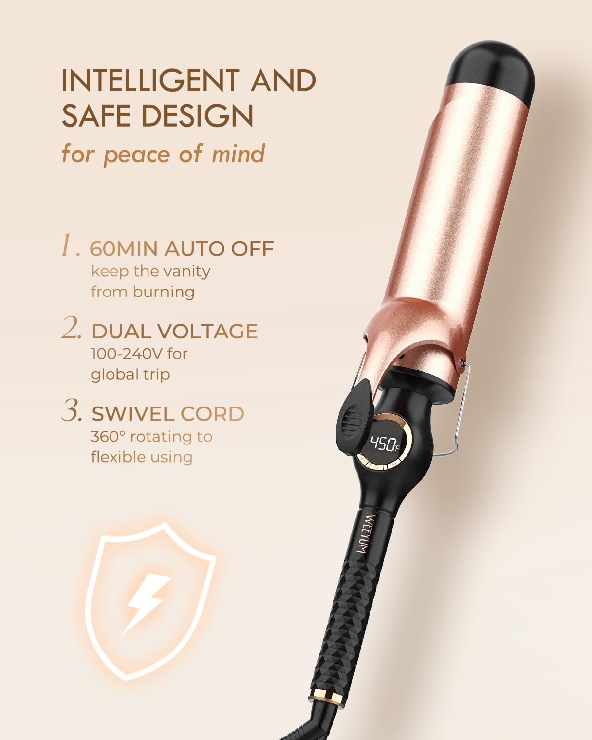 Antique White Large Curling Iron 2 Inch, Ceramic Long Barrel Hair Curling Wand, Hair Styling Tool, Dual Voltage, LCD Display, Black