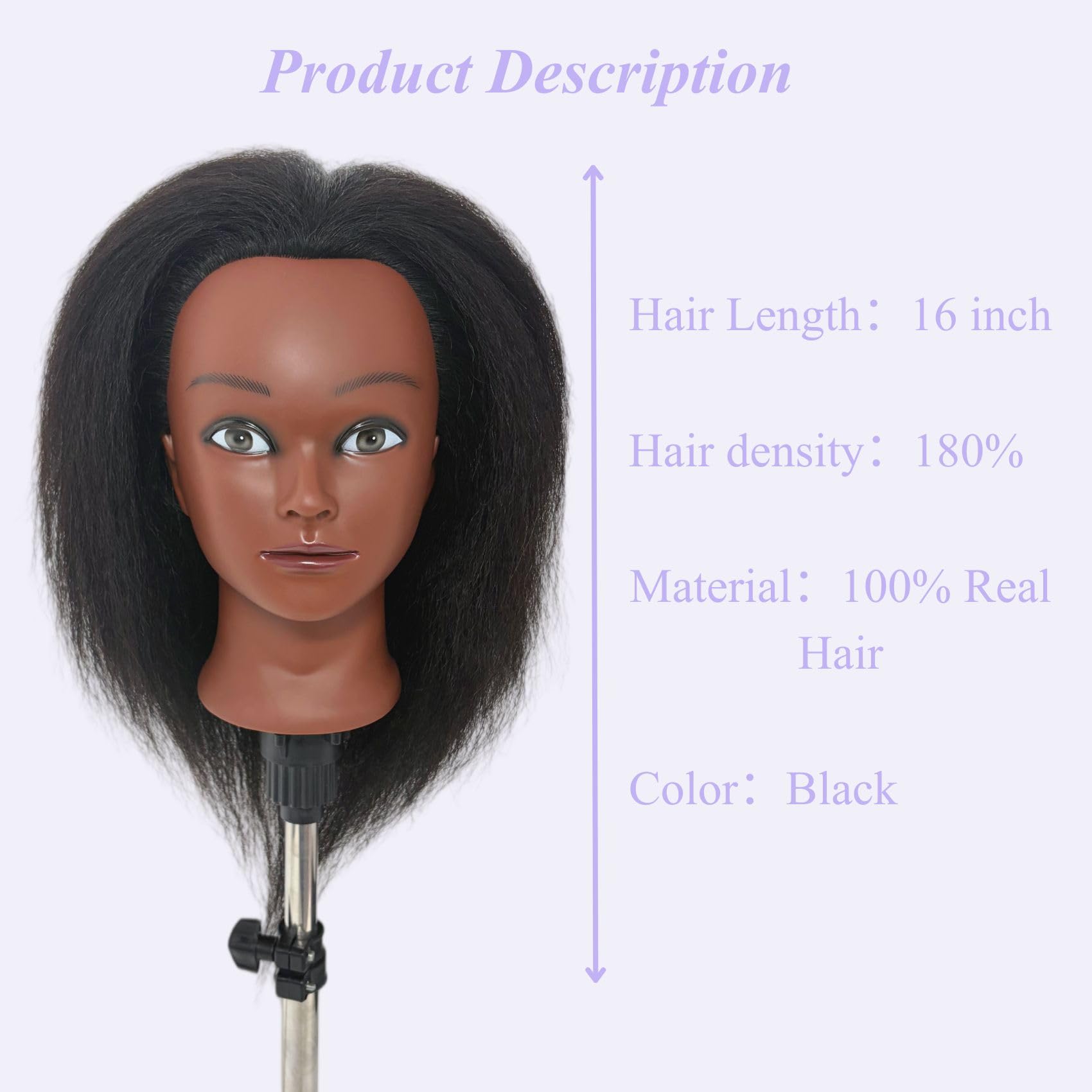 Lavender Blush 16" Black Mannequin Head for Braiding Practice, Mannequin Head with 100% Real Hair Cosmetology Training Doll Head for Hair Styling Kids