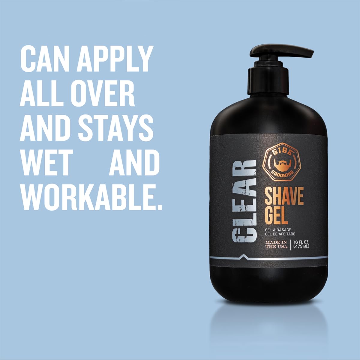 Light Steel Blue GIBS Grooming Clear Shave Gel, 16oz with pump, Moisturizing shave gel with Shea Butter, Aloe and Oat oil.