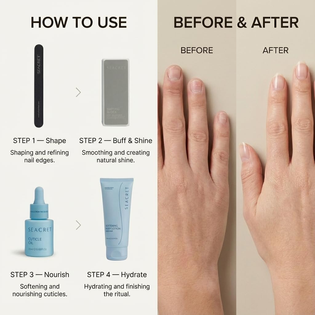 Seashell SEACRET Nail Care Collection – Dead Sea Mineral Manicure Kit with Nail File, 3-Way Buffer, Cuticle Oil, Body Lotion for DIY Home Manicure & Pedicure, Buffer Nail File, Nail Buffer, Nail Care Kit