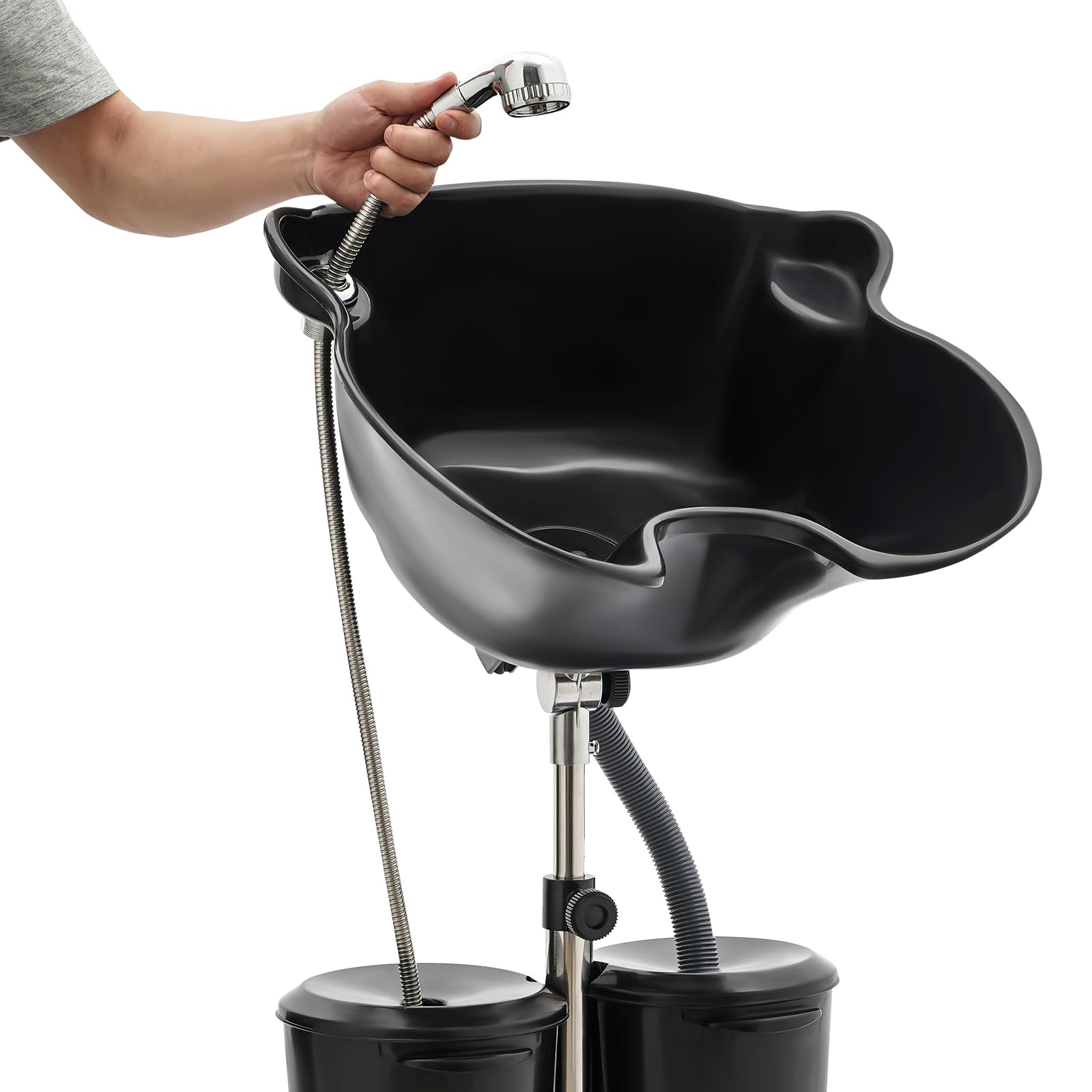 White Smoke Portable Shampoo Bowl 2 Buckets, 3.34-4.49ft Height Adjustable Dual Bucket Hair Washing Station, 270 Degree Rotation of Shampoo Basin Mobile Salon Sink, for Home, Beauty Salon, Spa, Barber Shop