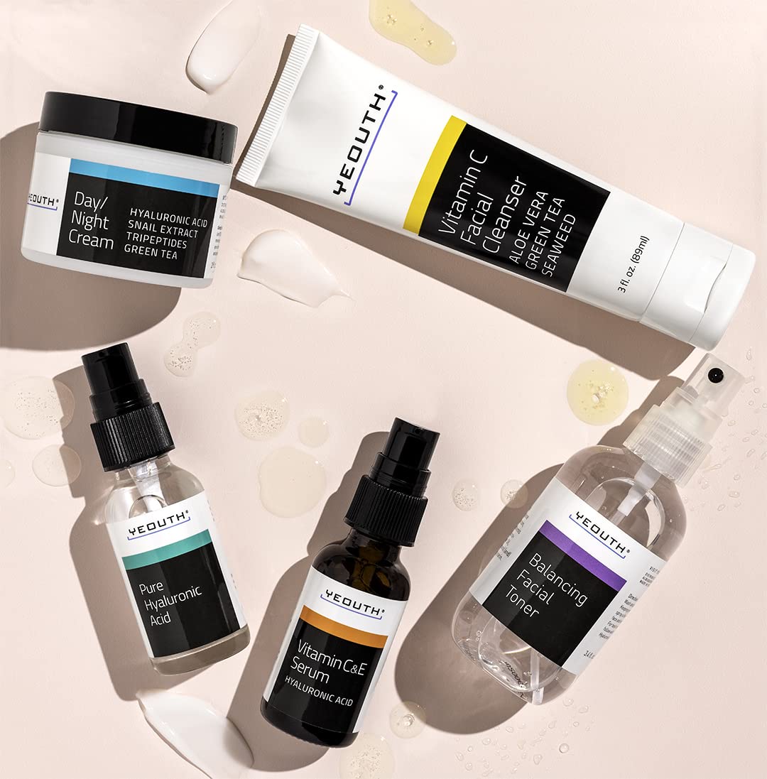 Misty Rose YEOUTH Skin Care Set: Hyaluronic Acid Serum for Face | Vitamin C Facial Serum | Face Cleanser | Skincare Toner & Cream | Hydrating Skin Care Gift Set 5-Piece