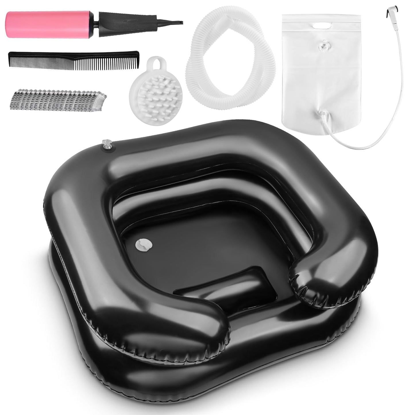 White Smoke Inflatable Shampoo Basin, Loc Detox Tub for Dreads, Shampoo Buddy Bowl for Bedridden, Disabled,Injured with 2.5 GL Portable Water Shower Bag（Black）