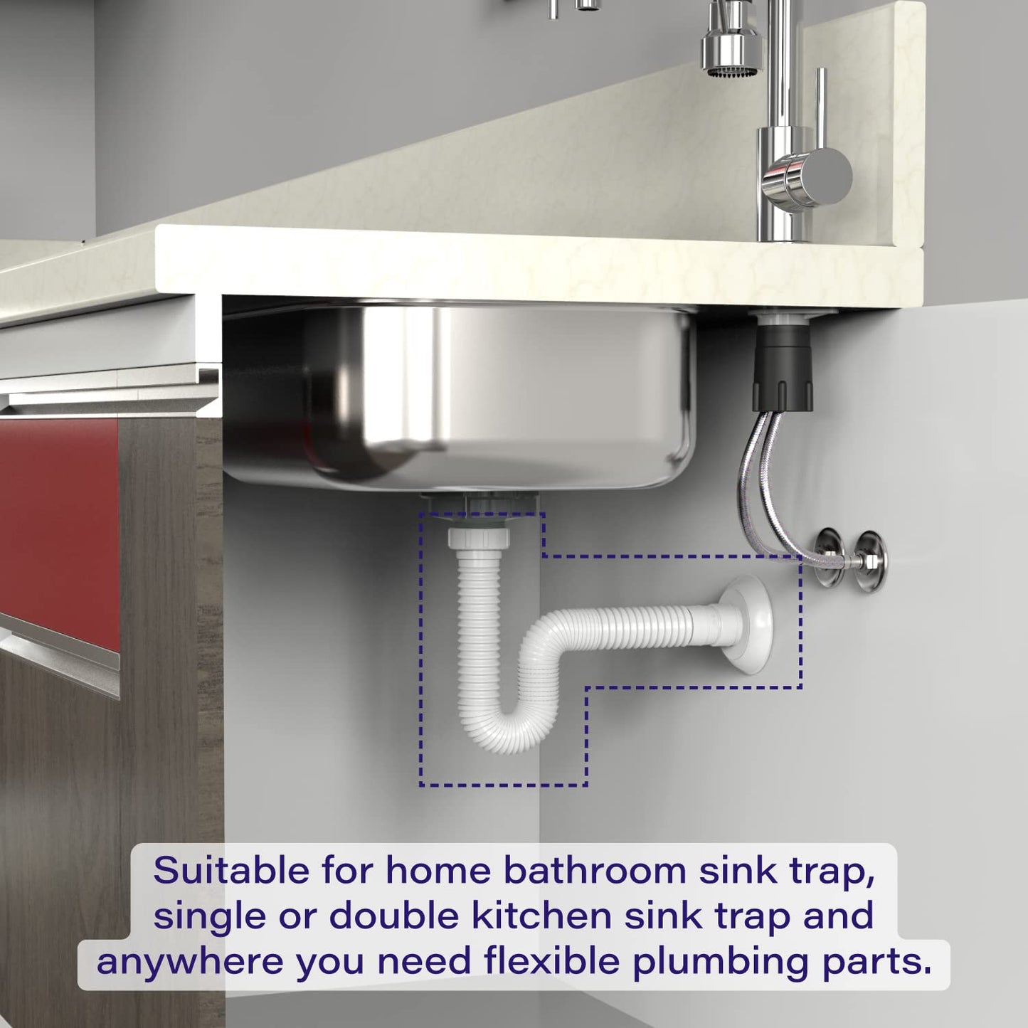 Gray Flexible P-Trap for 1-1/2" Drain Pipes (White - 39 Inch Length) with Adjustable Connections for Kitchen Sinks and Shampoo Bowls, Compatible with Various Sink Configurations