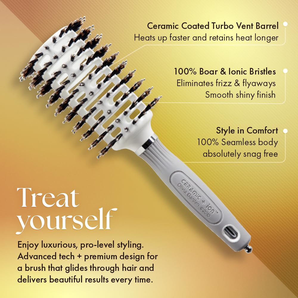 Sandy Brown Olivia Garden Ceramic + Ion Turbo Vent Combo Hair Brush - Not Electrical - Ionic and 100% Boar Bristles - Professional Round Blowout Brush for Normal to Thick Hair