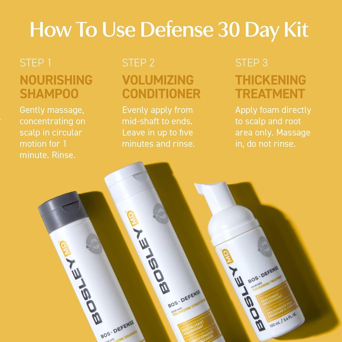 Sandy Brown BosleyMD BosDefense 30-Day Hair Thinning Kit for Men & Women – DHT Blocking Shampoo, Volumizing Conditioner & Leave-In Thickening Treatment – Hair Growth Support System for Fuller, Thicker Hair