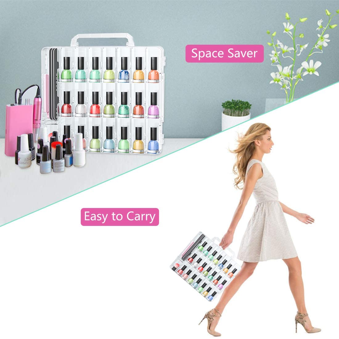 White Smoke JIASHENG Nail Polish Organizer Case for 48 Bottles, Gel Nail Polish Storage Holder Double Side Adjustable Space Divider for Acrylic Nail Gel Dip Powder Tips Set with Two Toe Separator