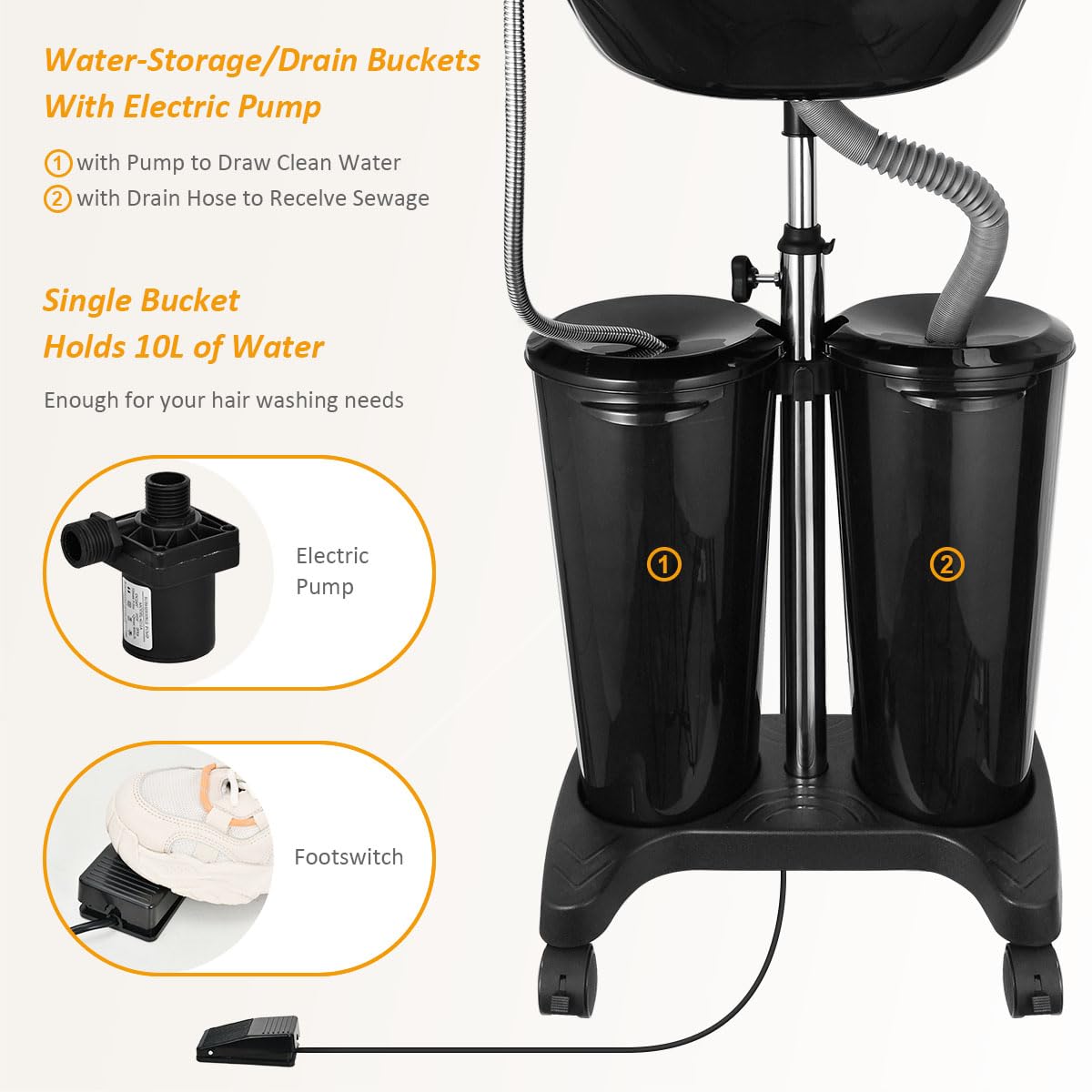 White Smoke johgee Portable Shampoo Bowl with Electric Pump, Plastic Shampoo Unit with 2 Bucket and Drain Hoses, Basin Height Adjustable Portable Salon Sink for Home Salon Use