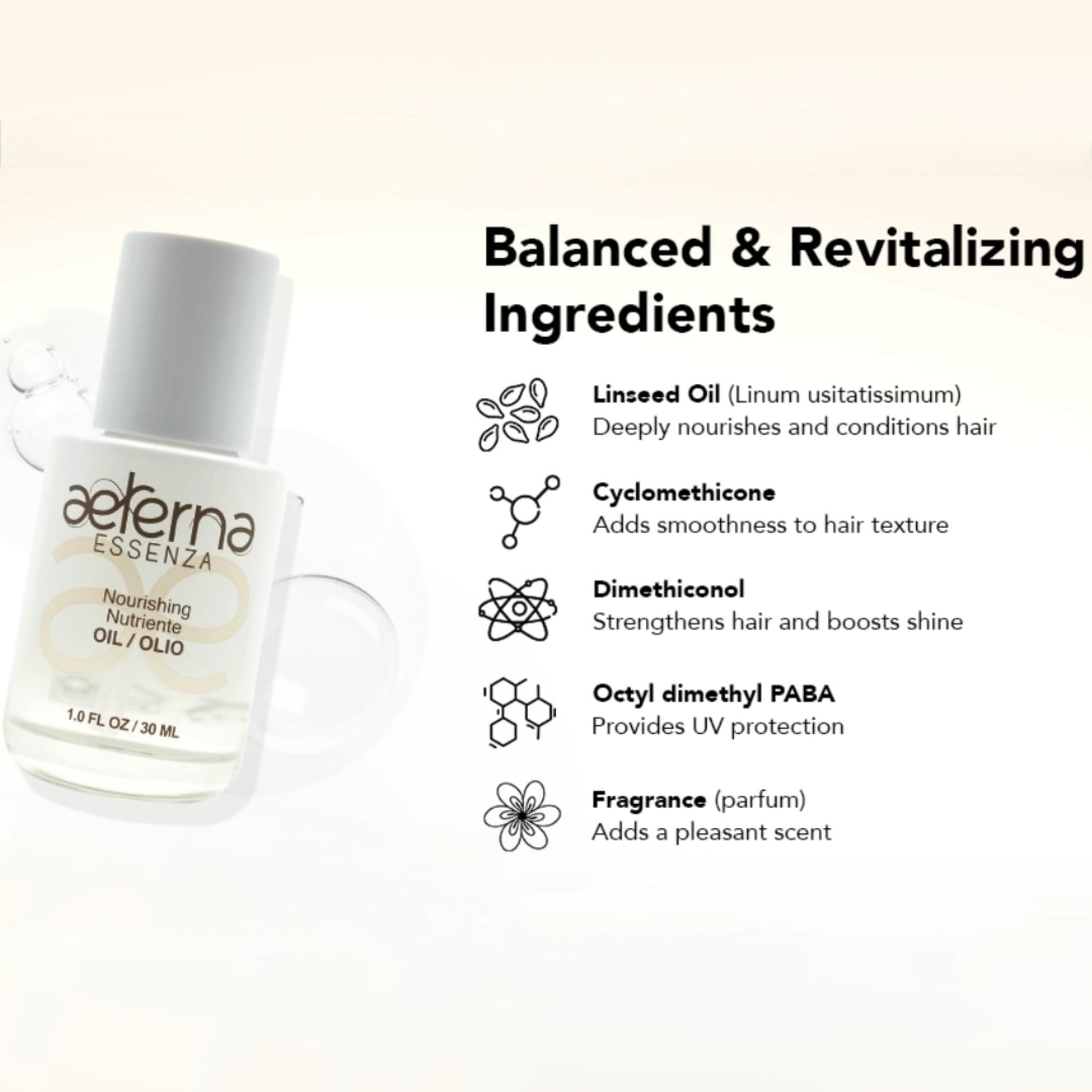 White Smoke Aeterna ESSENZA - Nourishing Hair Oil with Linseed & UV Protection - Lightweight, Non-Greasy Formula - Sulfates, Parabens & Silicones Free | For All Hair Types - 30 ml