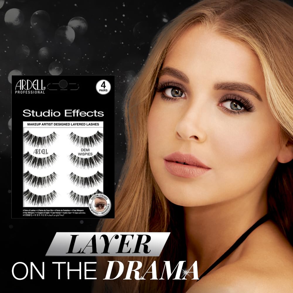 Black Ardell Studio Effects Demi Wispies False Eyelashes, Custom Layered Wispy Lashes for Natural Volume and Length, 4 Pack