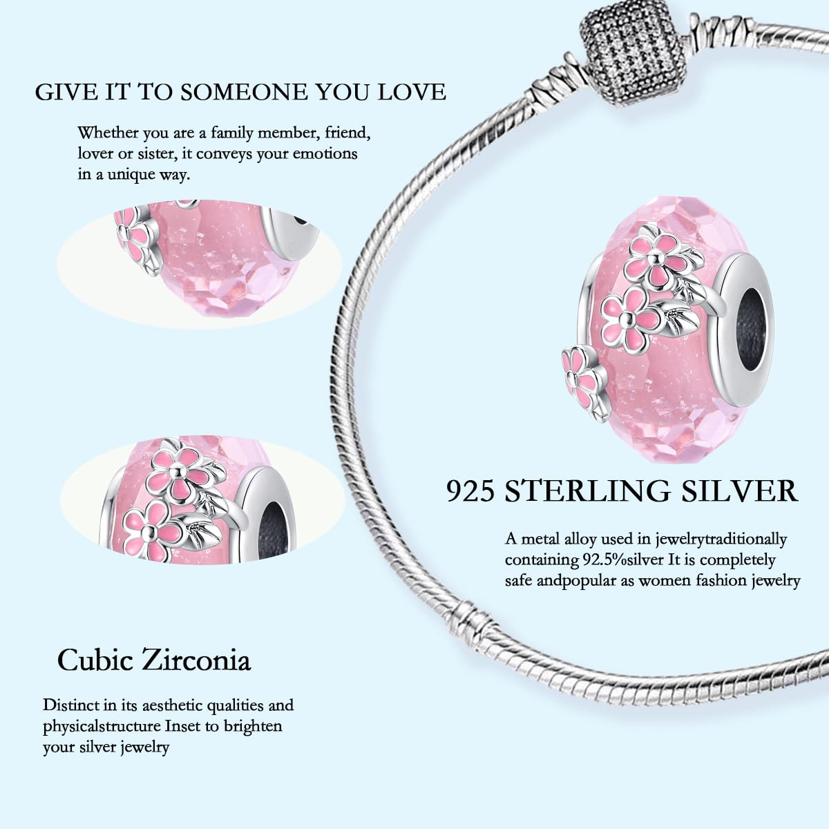 Alice Blue ChenYuTe 925 Sterling Silver Murano Charms, Clear Flower Beads Multi-color Women's Bracelet Necklace Jewelry Gifts