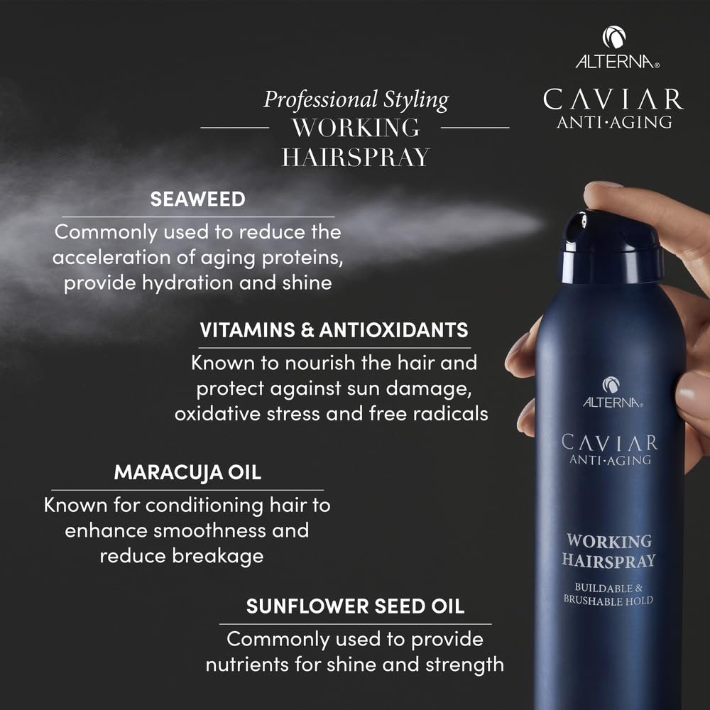 Dark Slate Gray Alterna Caviar Anti-Aging Professional Styling Working Hair Spray | Ultra-dry, Brushable | Helps Control Frizz & Adds Shine | Sulfate Free | Nutmeg