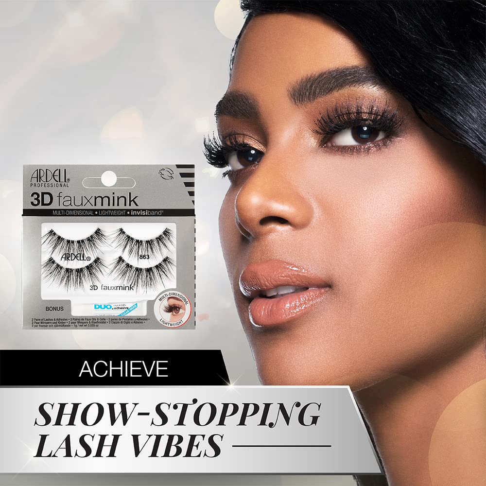 Light Gray Ardell 3D Faux Mink Lashes 863 with Duo Lash Adhesive Pipette, 1g - Long-Lasting, Natural Look False Eyelashes, 1 Pack